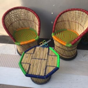Cane Bamboo Muddha Chairs with table handmade for indoor/outdoor