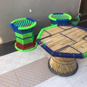 Cane bar jute stool Mudha with table Set of 3