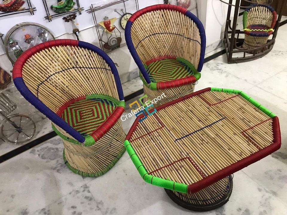 Large Cane Bamboo Mudha Chairs with Table handcrafted for Indoor/Outdoor set of 2