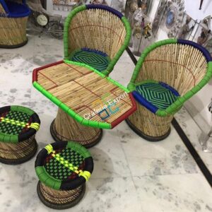 Handicraft Bamboo Mudha Large Chairs, Mudda With Table  (Set of 5)
