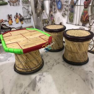 Natural Extra Large bamboo mudha Stool with handmade bamboo table(Set Of 3)