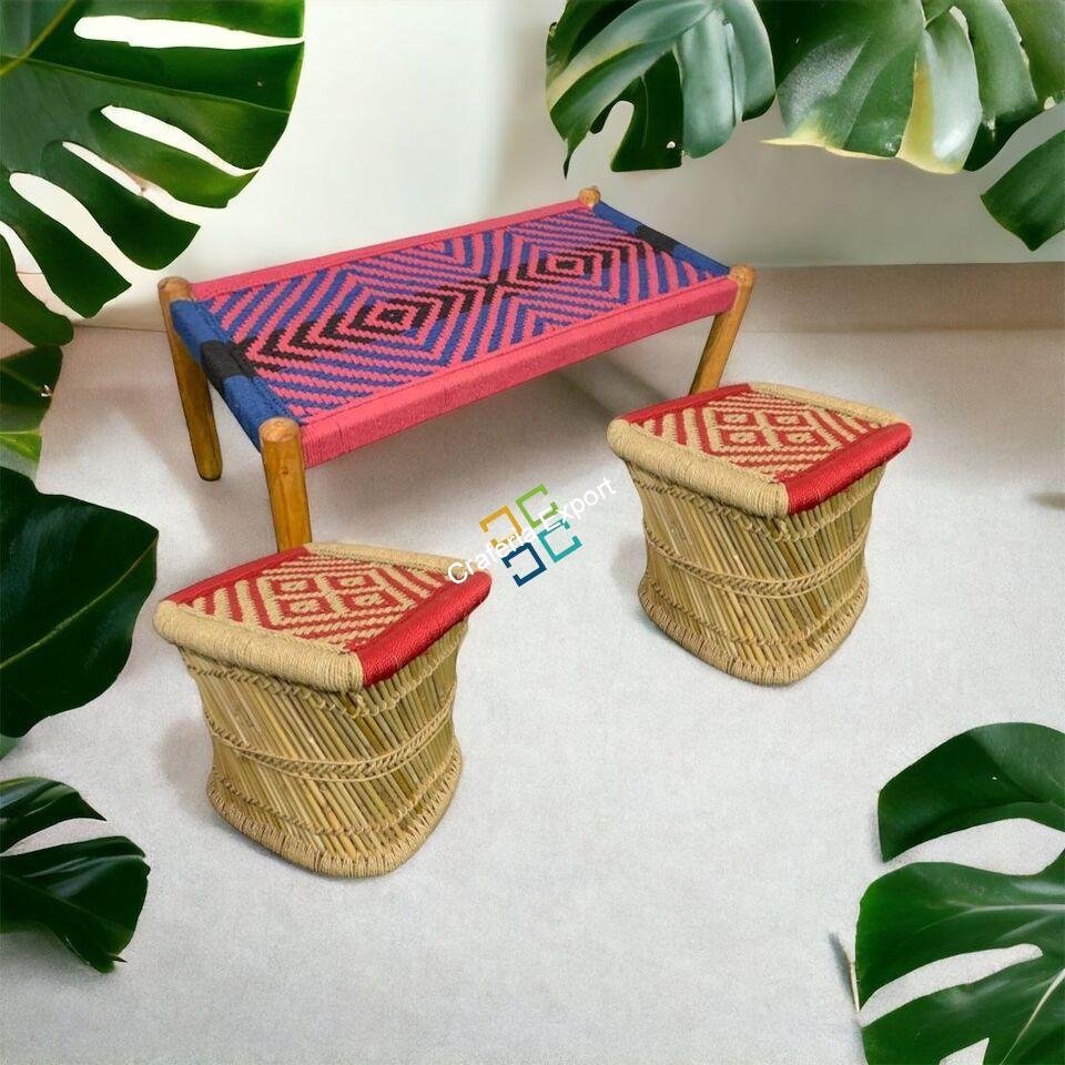 Small Charpai Bench with Bamboo Square Mudda Stools | Wooden Bench with Pidha Stools