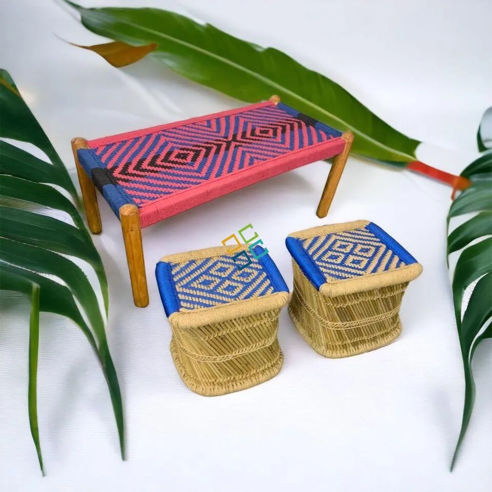 Small Charpai Bench with Bamboo Square Mudda Stools | Wooden Bench with Pidha Stools