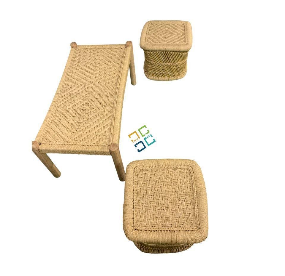 Small Charpai Bench with Bamboo Square Mudda Stools | Wooden Bench with Pidha Stools