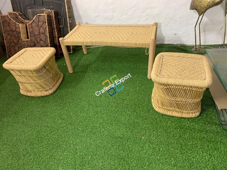 Small Charpai Bench with Bamboo Square Mudda Stools | Wooden Bench with Pidha Stools