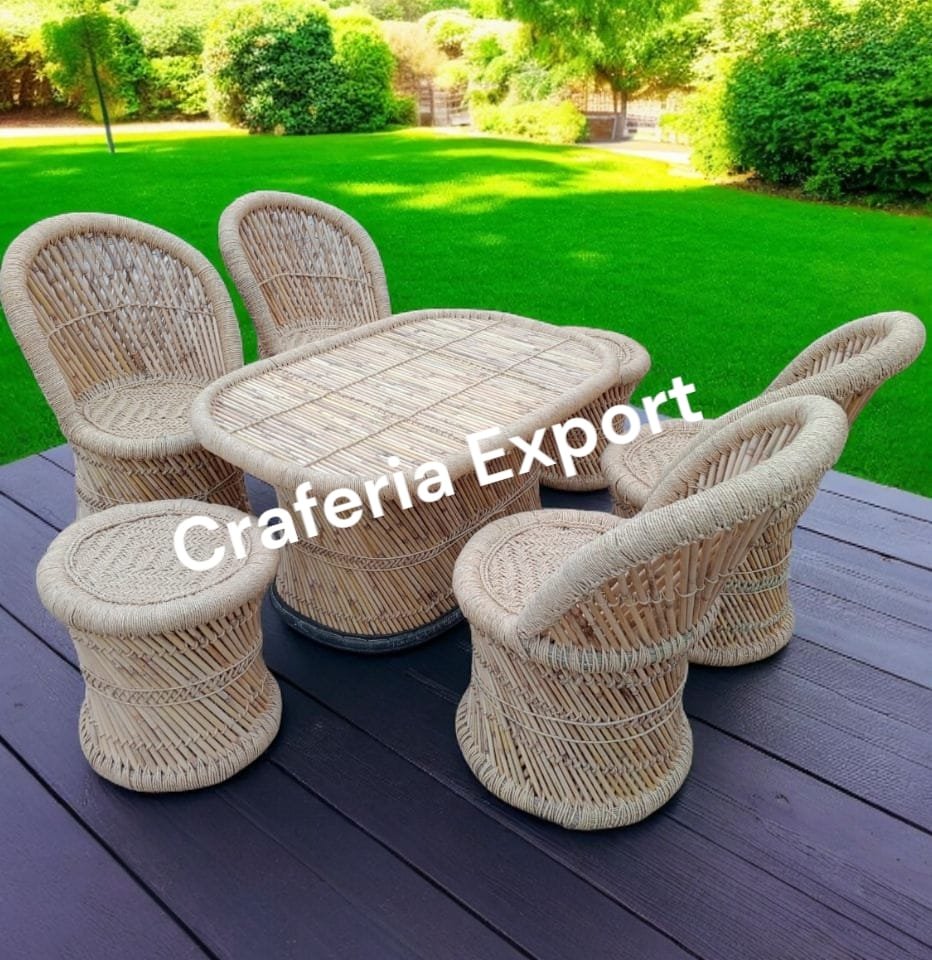 Handmade Natural Bamboo Chairs Stool With Table Furniture Set For Living Room Hotel Cafe