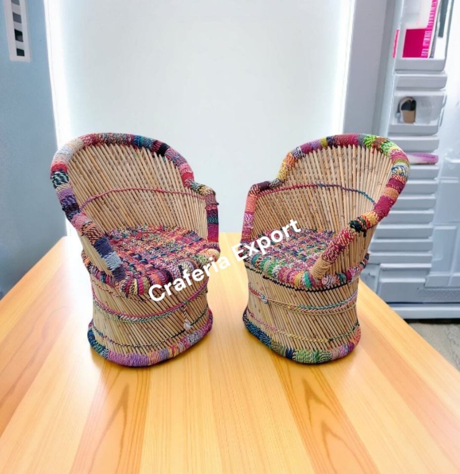 Bamboo Mudda Multicolor Chair Stool / Outdoor Armrest Chairs Mudda Set for Living Room / Restaurants / Hotels/  Events ( 2 XL chair  with Small Mudda)