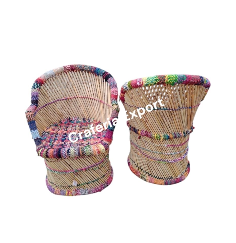 Bamboo Mudda Multicolor Chair Stool / Outdoor Armrest Chairs Mudda Set for Living Room / Restaurants / Hotels/  Events ( 2 XL chair  with Small Mudda)