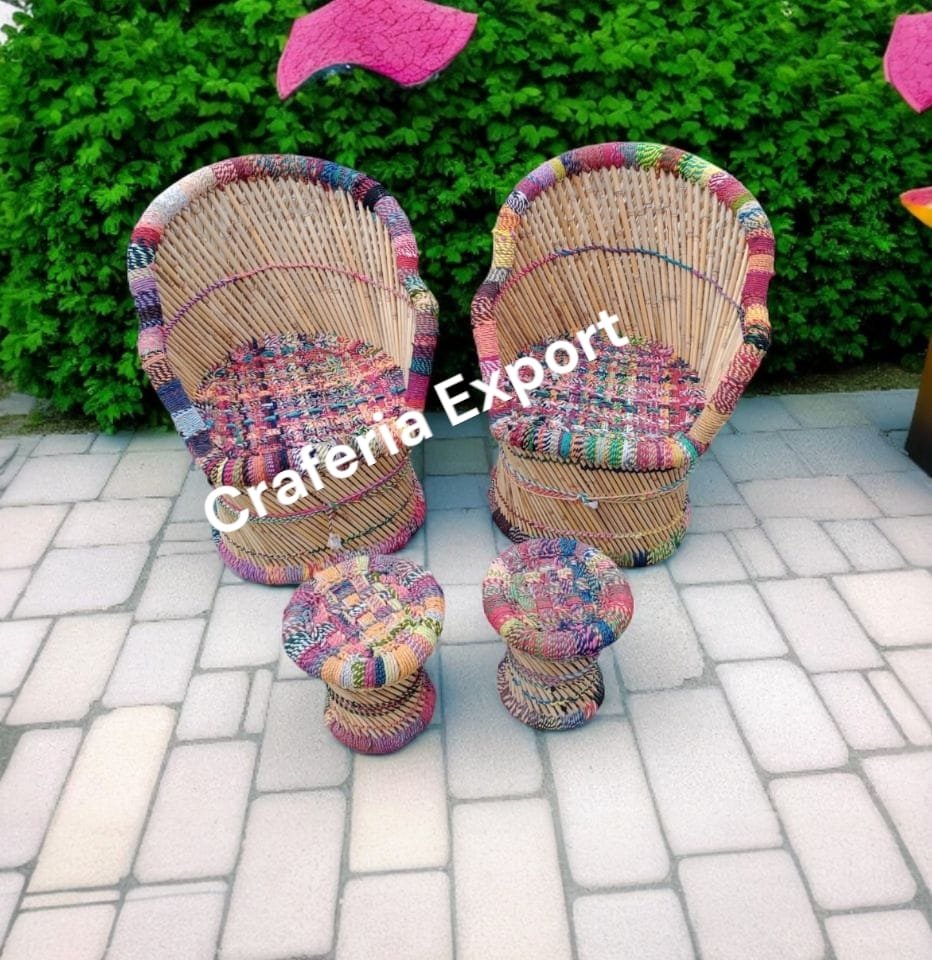 Bamboo Mudda Multicolor Chair Stool / Outdoor Armrest Chairs Mudda Set for Living Room / Restaurants / Hotels/  Events ( 2 XL chair  with Small Mudda)