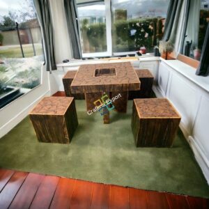 Wooden log square coffee table stools with center table for living room and garden set of 5