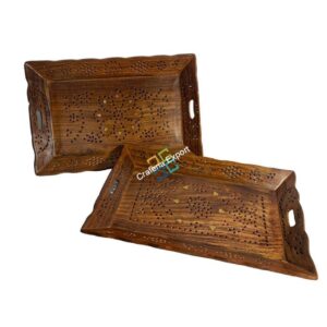 Wooden Serving Trays with Handles (Set of 2) Serving Platters for Party, Food and Tea | Decorative Kitchenware Trays for Coffee Table