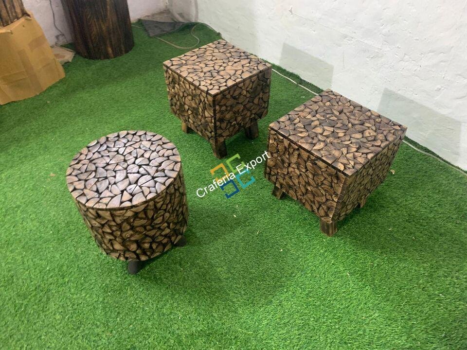 Solid Wooden log Coffee Table with 2 stools set of 3