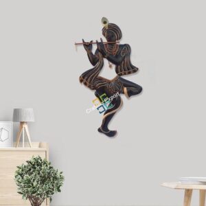 Traditional handmade art  lord krishna playing flute wall hanging for wall decor-black